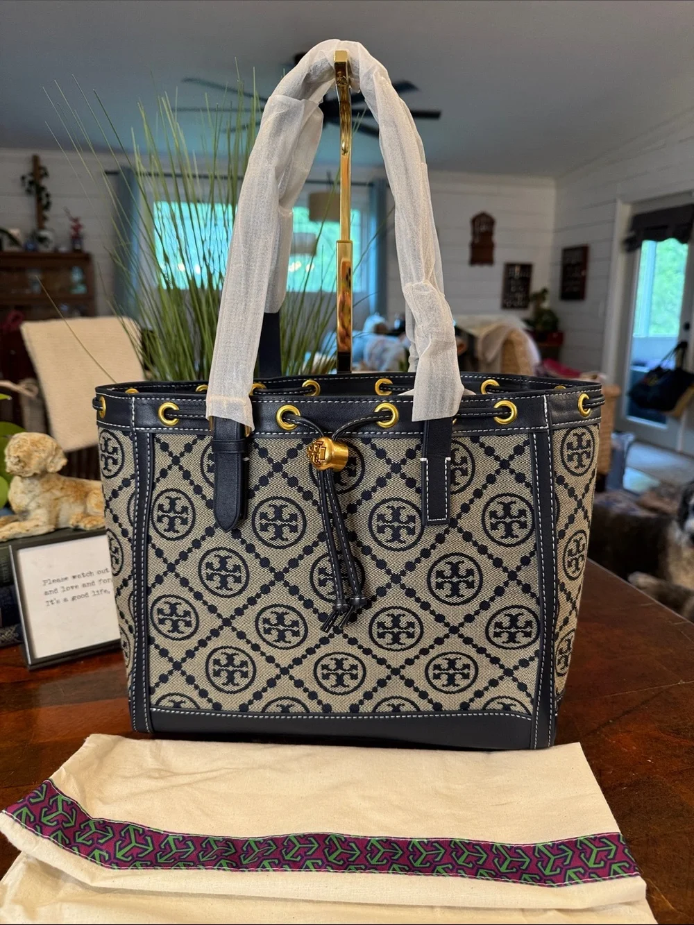 Tory Burch Navy and Cream Logo Canvas Tote with Gold Hardware